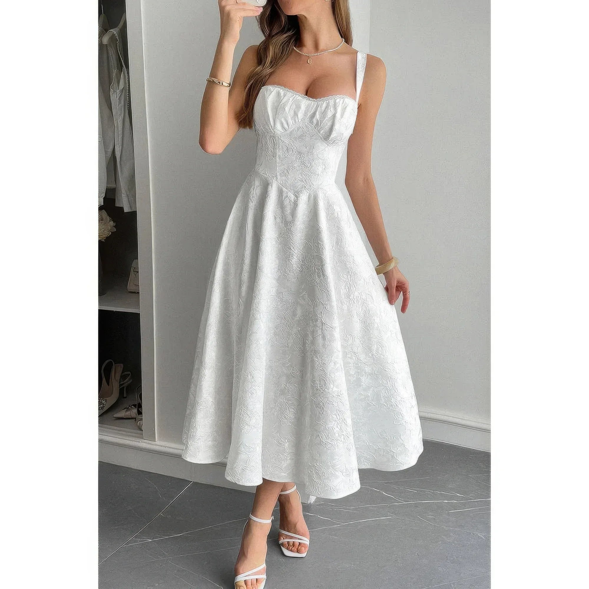 Solid Floral Jacquard Lace High Waist Dress Secondary image
