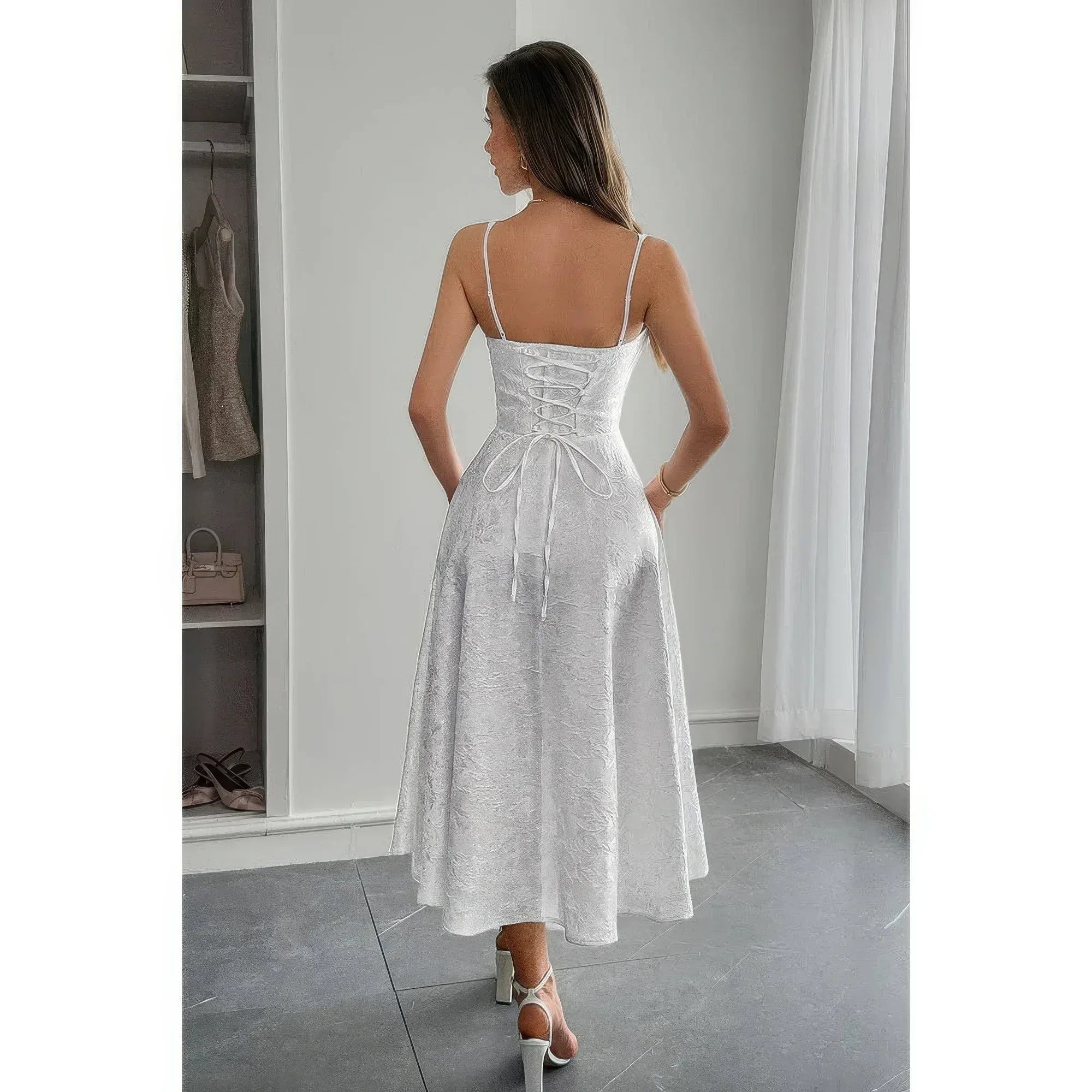 Solid Floral Jacquard Lace High Waist Dress | Mixtshop LLC