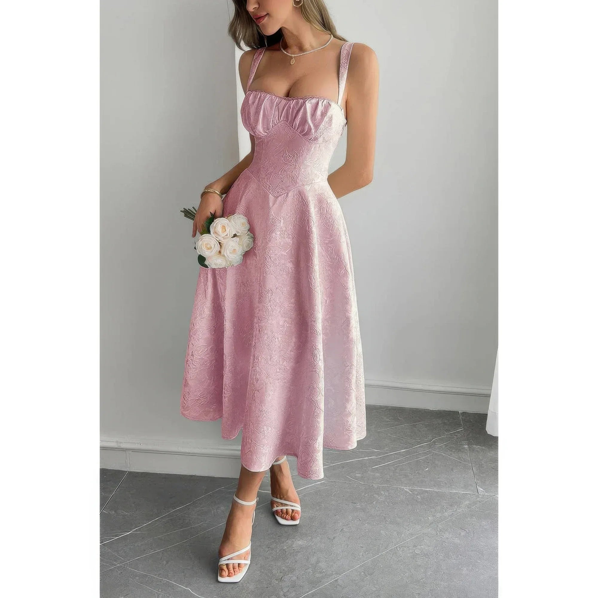 Solid Floral Jacquard Lace High Waist Dress | Mixtshop LLC