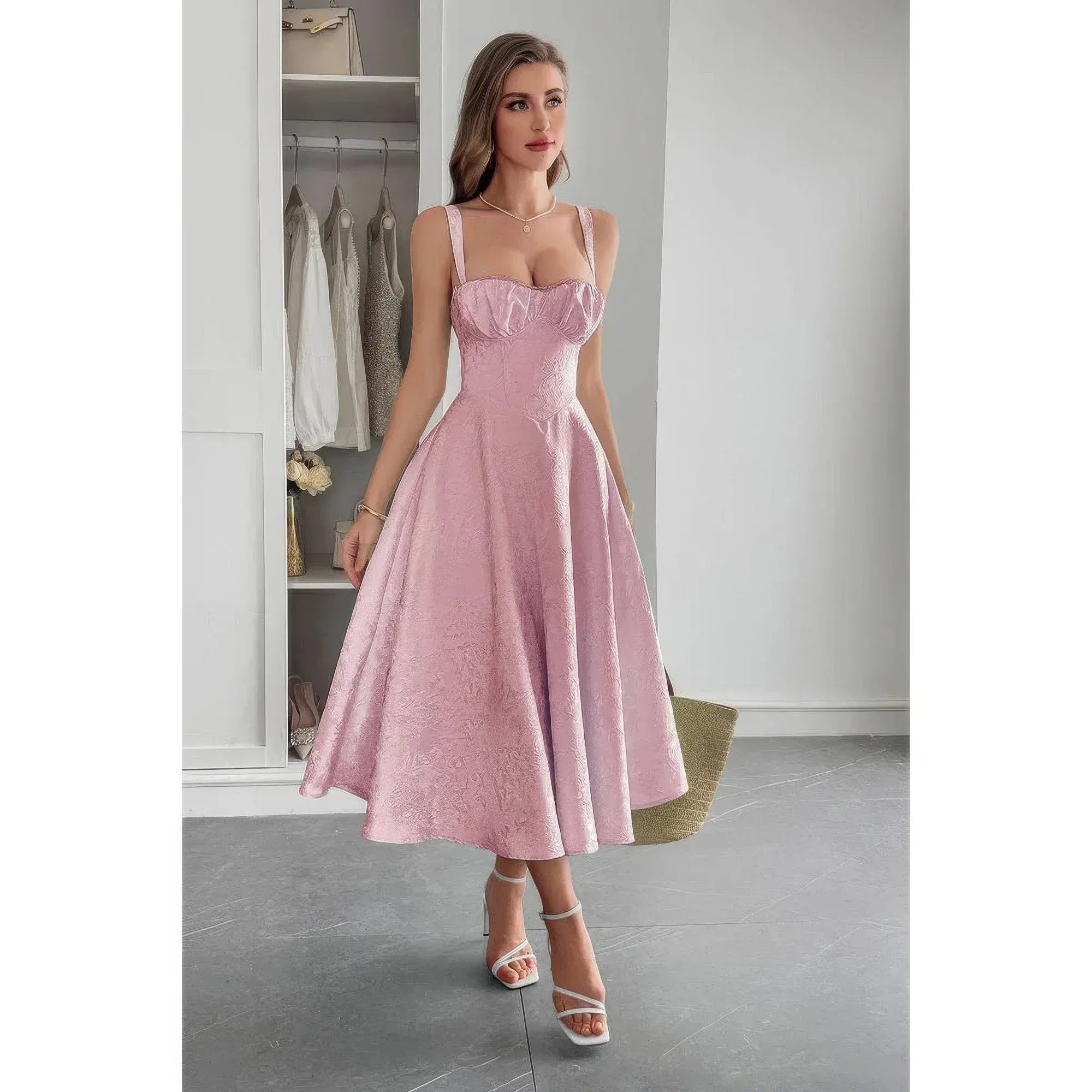 Solid Floral Jacquard Lace High Waist Dress | Mixtshop LLC
