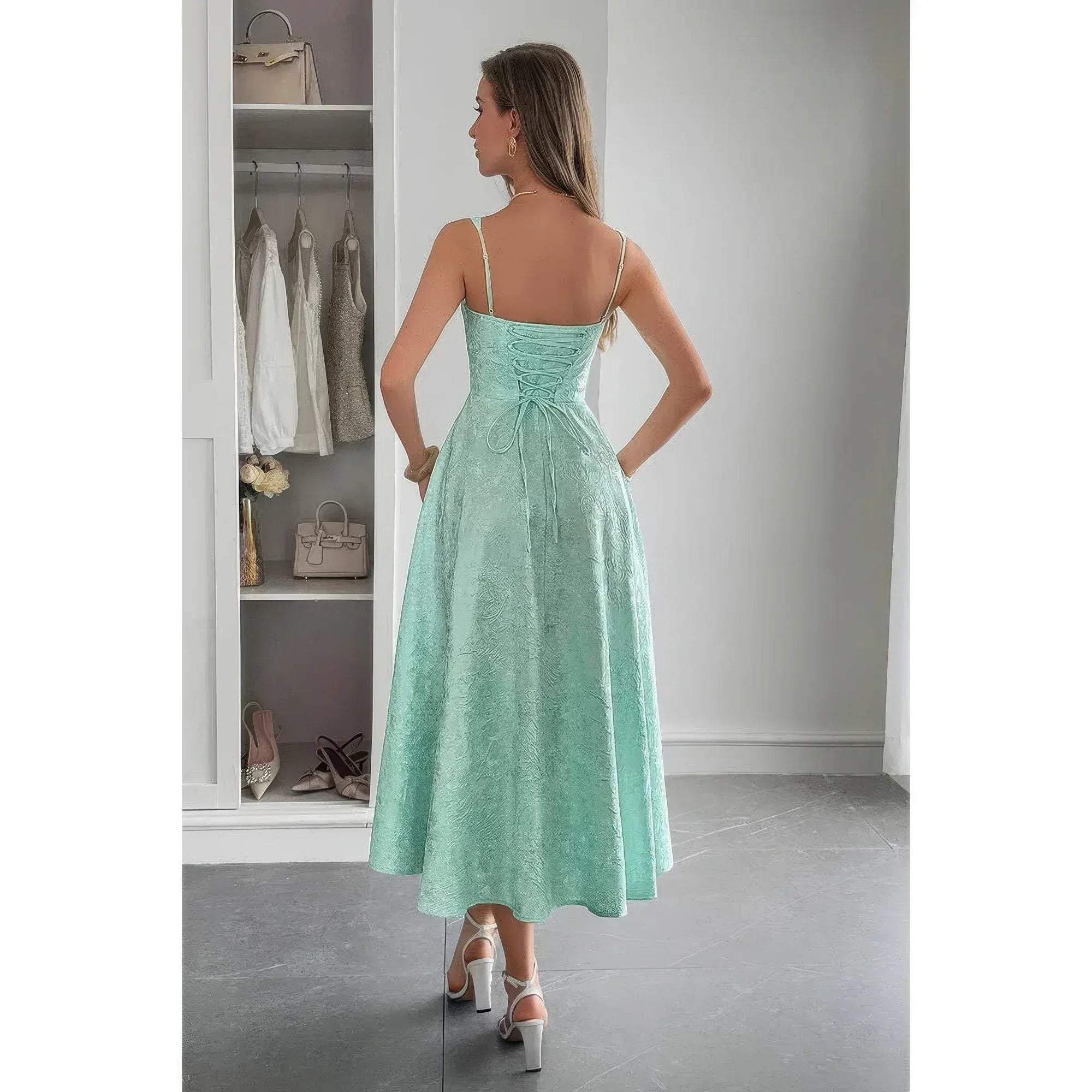 Solid Floral Jacquard Lace High Waist Dress | Mixtshop LLC