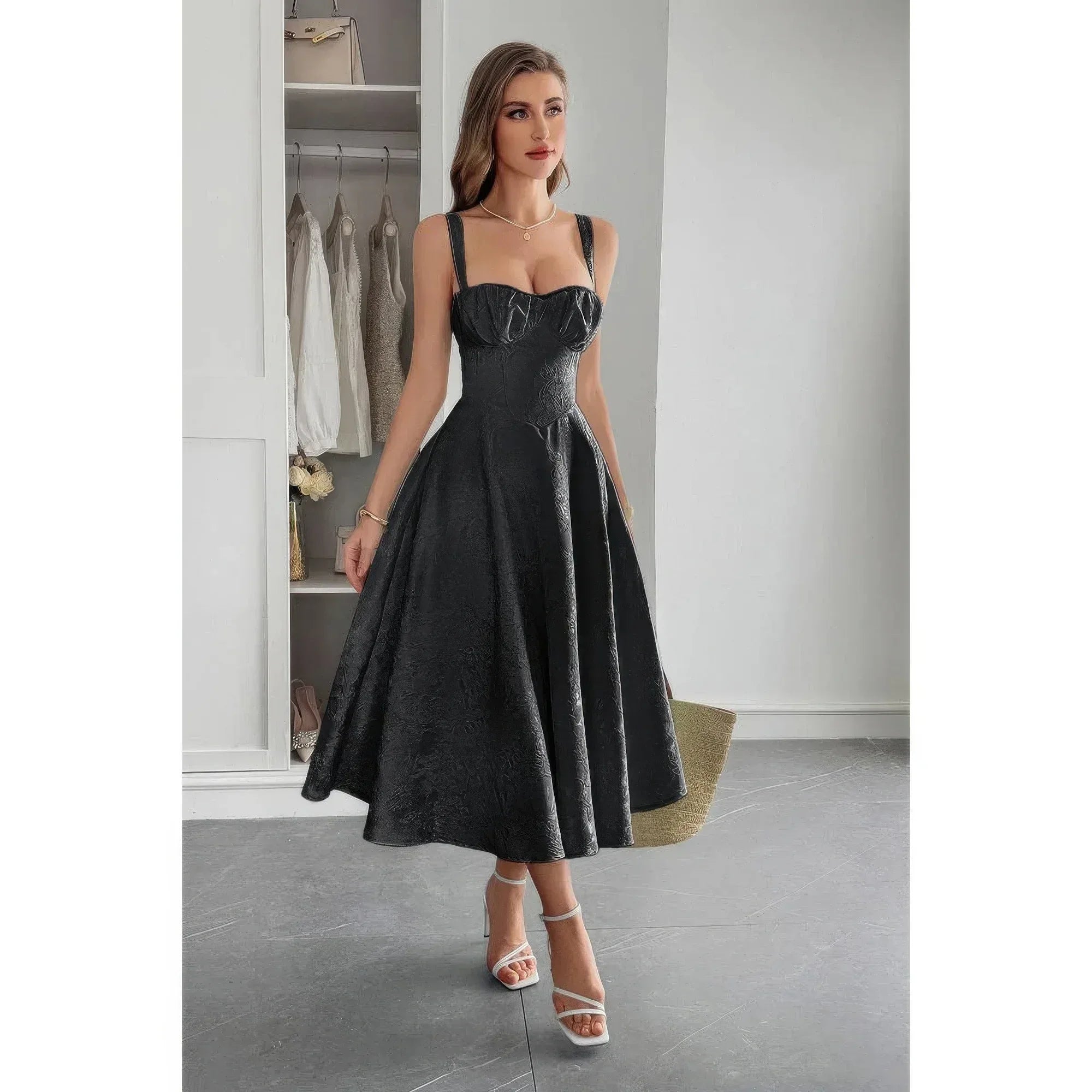 Solid Floral Jacquard Lace High Waist Dress | Mixtshop LLC