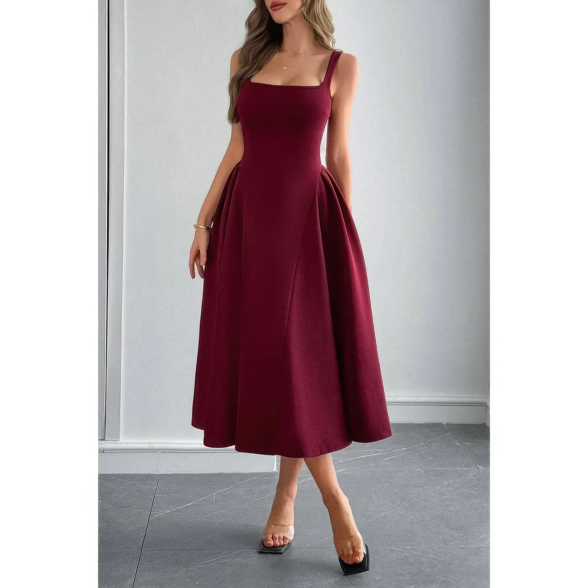 Square Neck A Line Pleated Sleeveless Long Dress | Mixtshop LLC