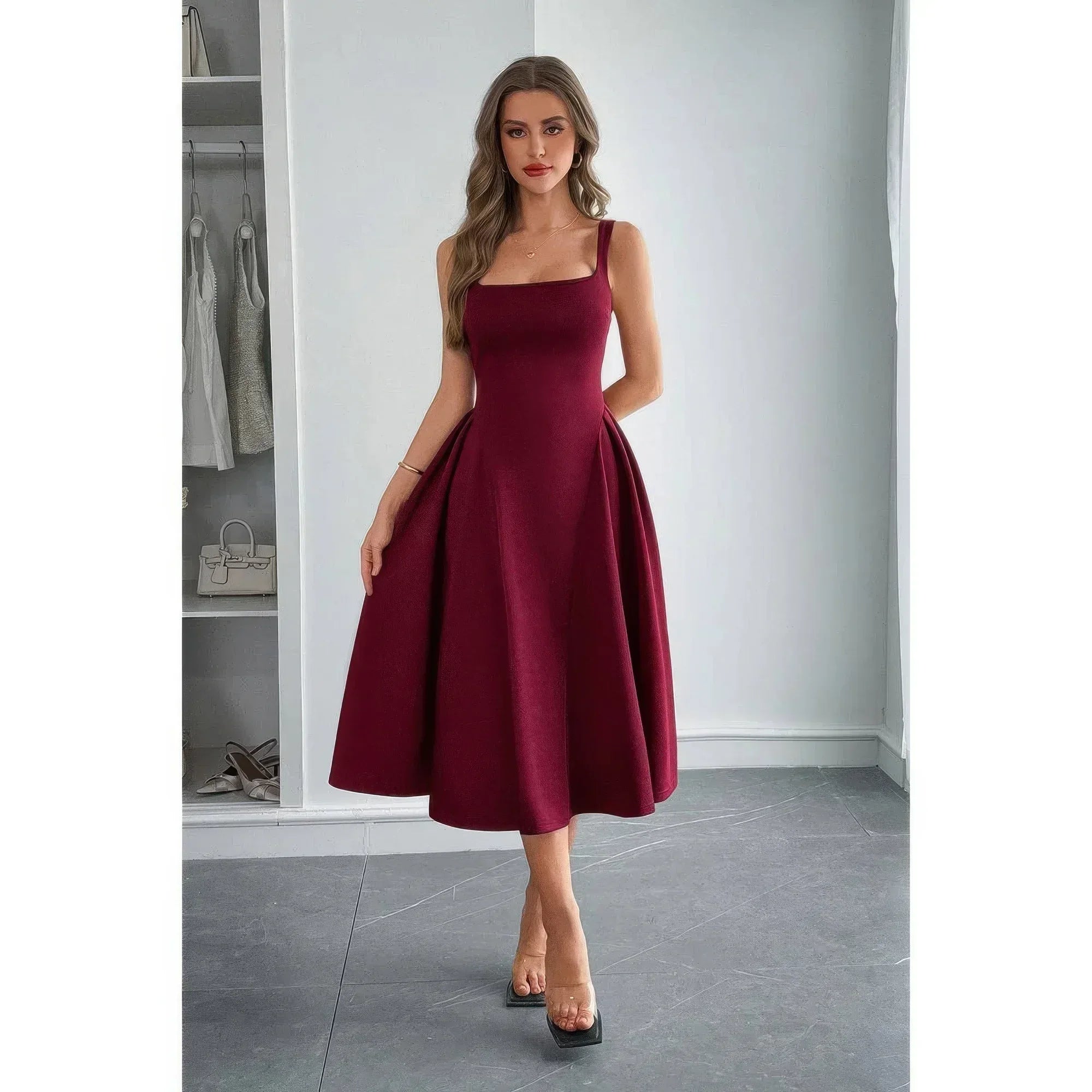 Square Neck A Line Pleated Sleeveless Long Dress Secondary image