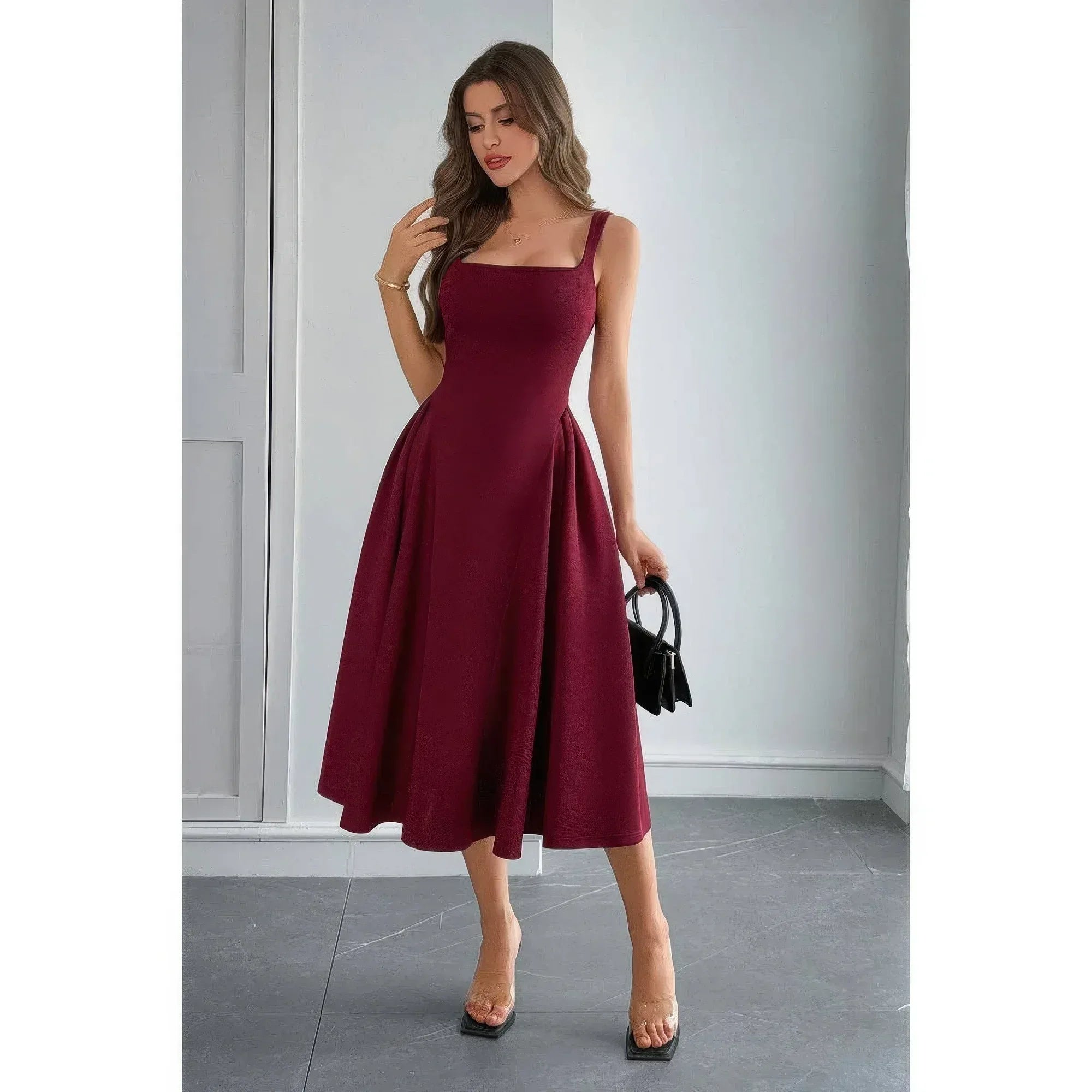 Square Neck A Line Pleated Sleeveless Long Dress | Mixtshop LLC