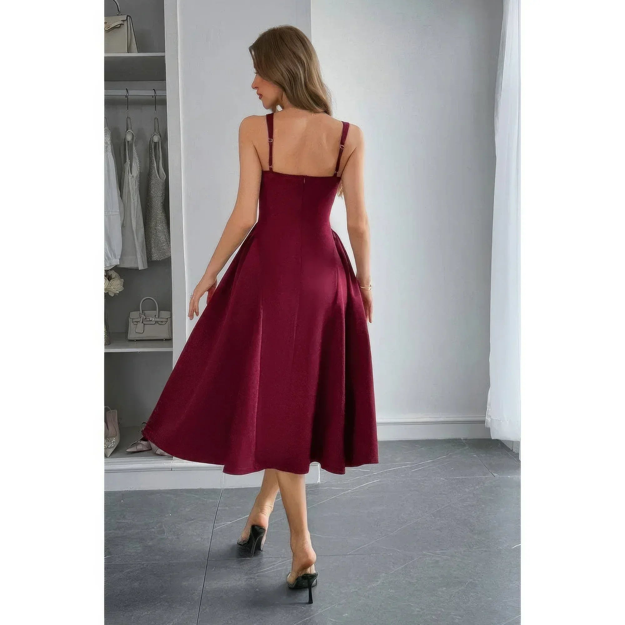 Square Neck A Line Pleated Sleeveless Long Dress | Mixtshop LLC