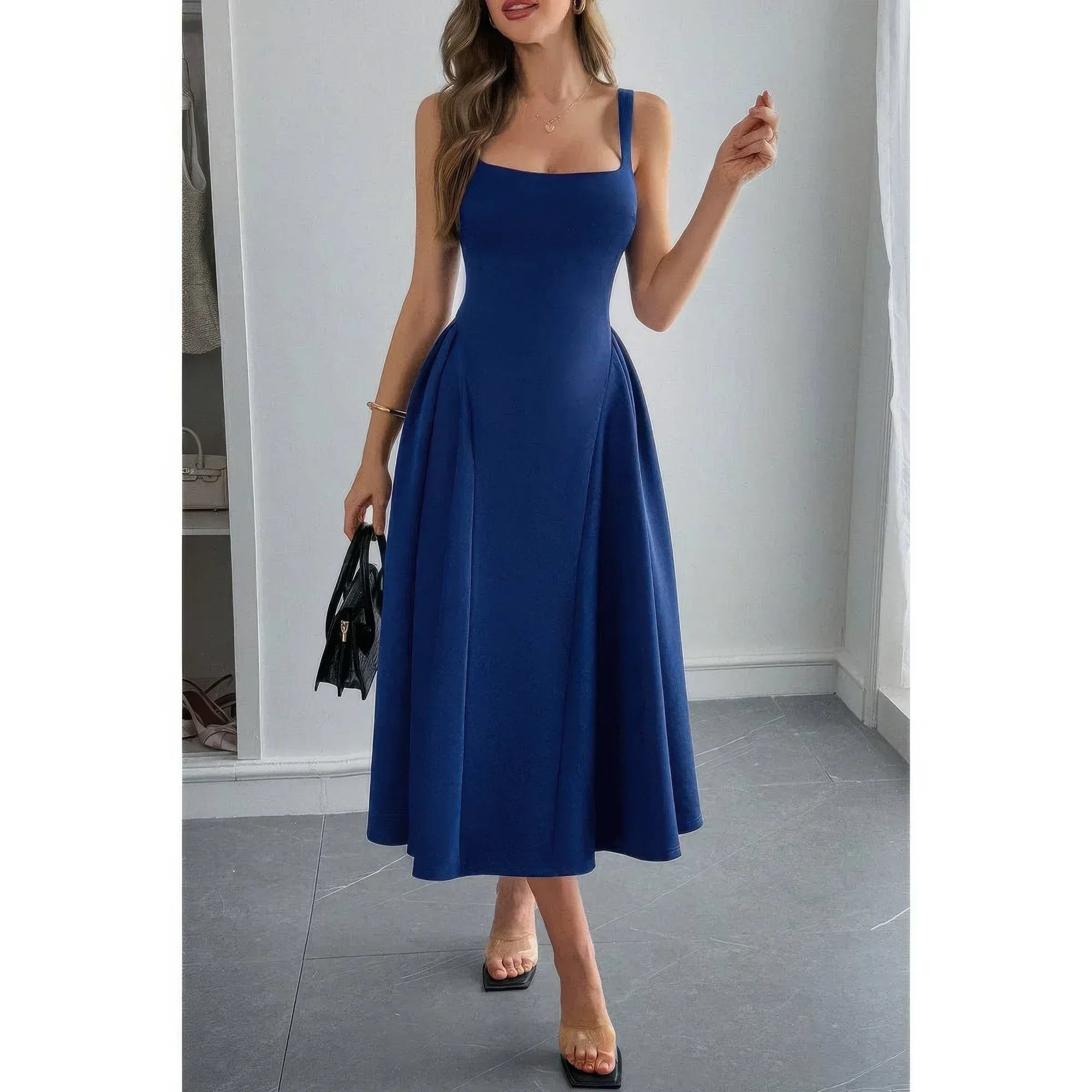 Square Neck A Line Pleated Sleeveless Long Dress | Mixtshop LLC