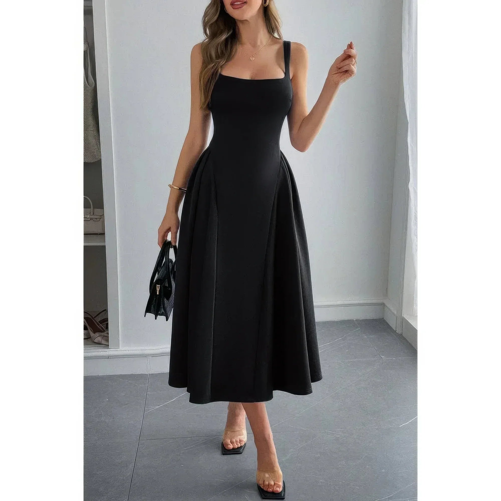Square Neck A Line Pleated Sleeveless Long Dress | Mixtshop LLC