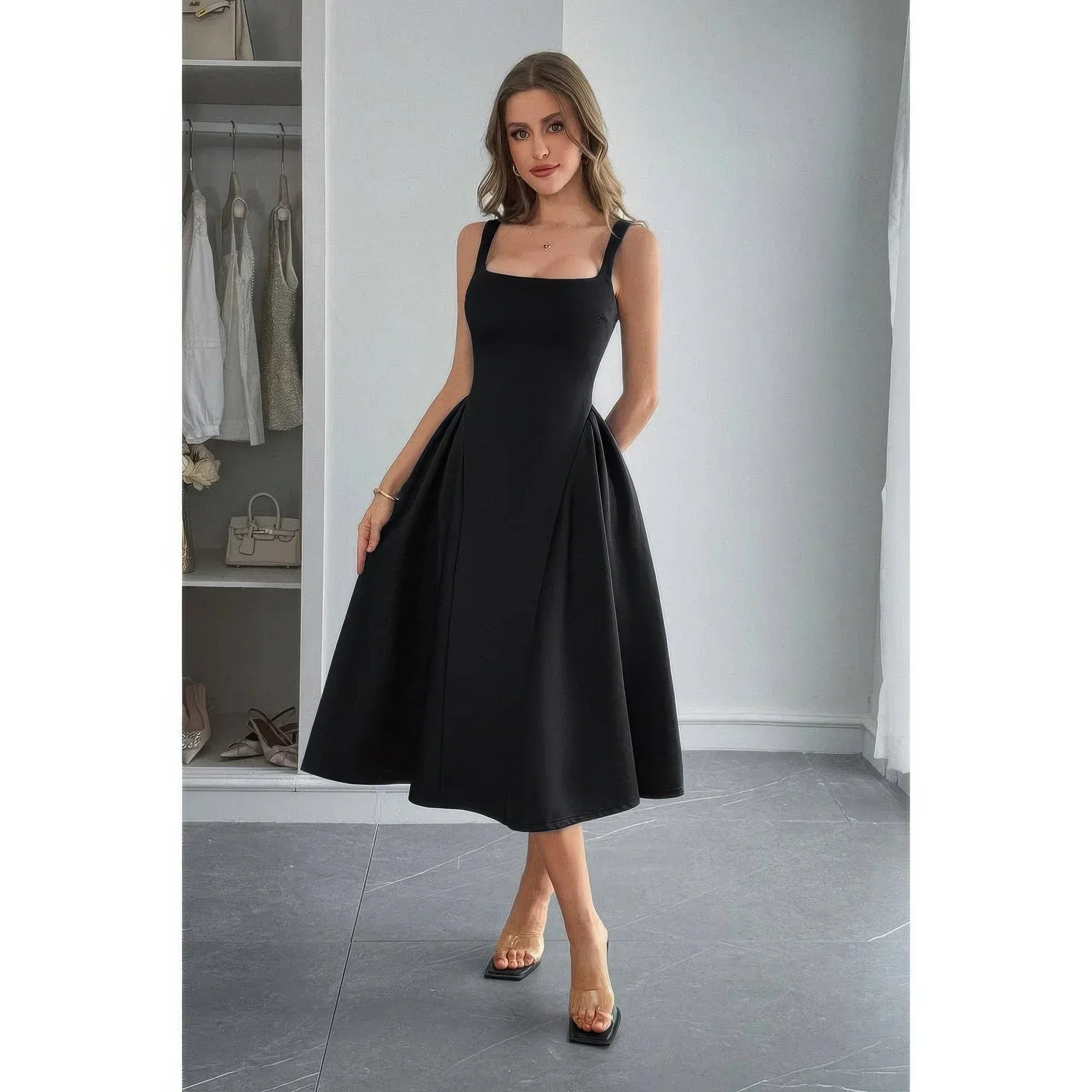 Square Neck A Line Pleated Sleeveless Long Dress | Mixtshop LLC