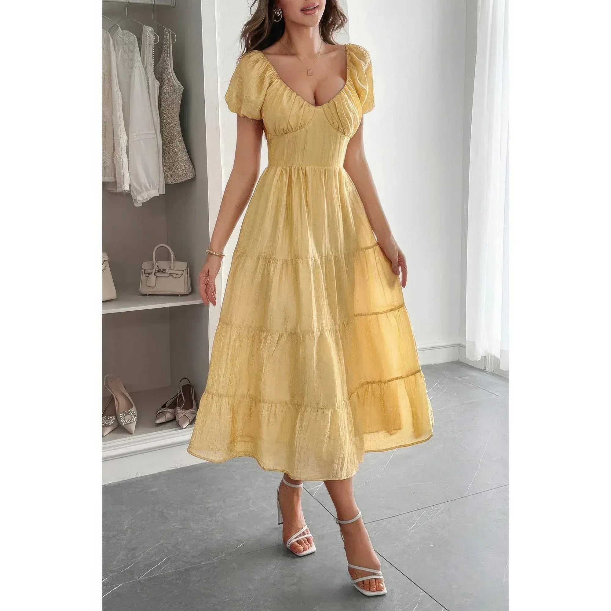 Solid Backless Tiered Puff Sleeve Fit Midi Dress | Mixtshop LLC Main image