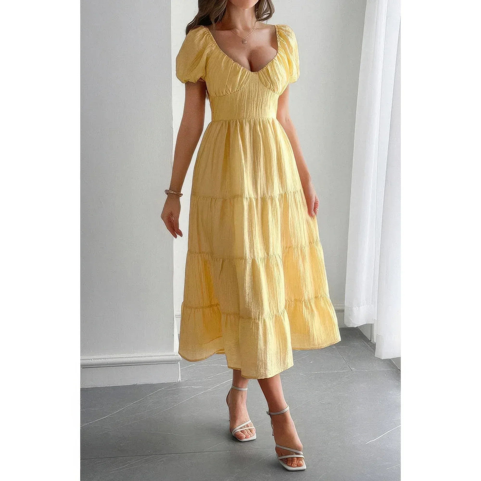 Solid Backless Tiered Puff Sleeve Fit Midi Dress | Mixtshop LLC