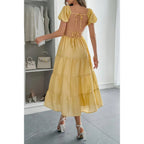 Solid Backless Tiered Puff Sleeve Fit Midi Dress | Mixtshop LLC