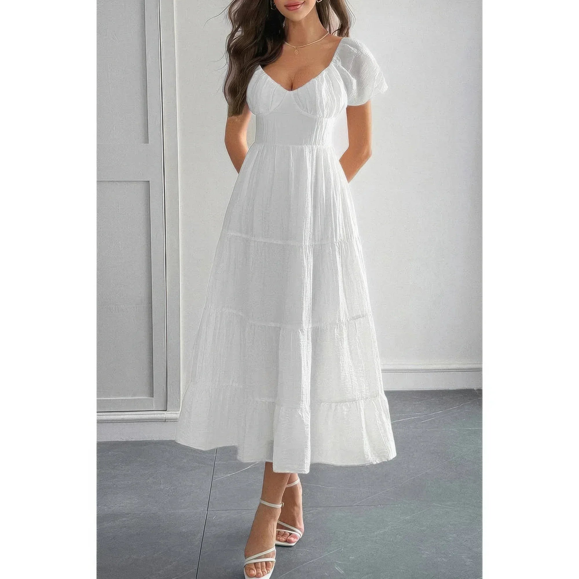 Solid Backless Tiered Puff Sleeve Fit Midi Dress | Mixtshop LLC