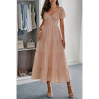 Solid Backless Tiered Puff Sleeve Fit Midi Dress | Mixtshop LLC