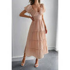 Solid Backless Tiered Puff Sleeve Fit Midi Dress | Mixtshop LLC