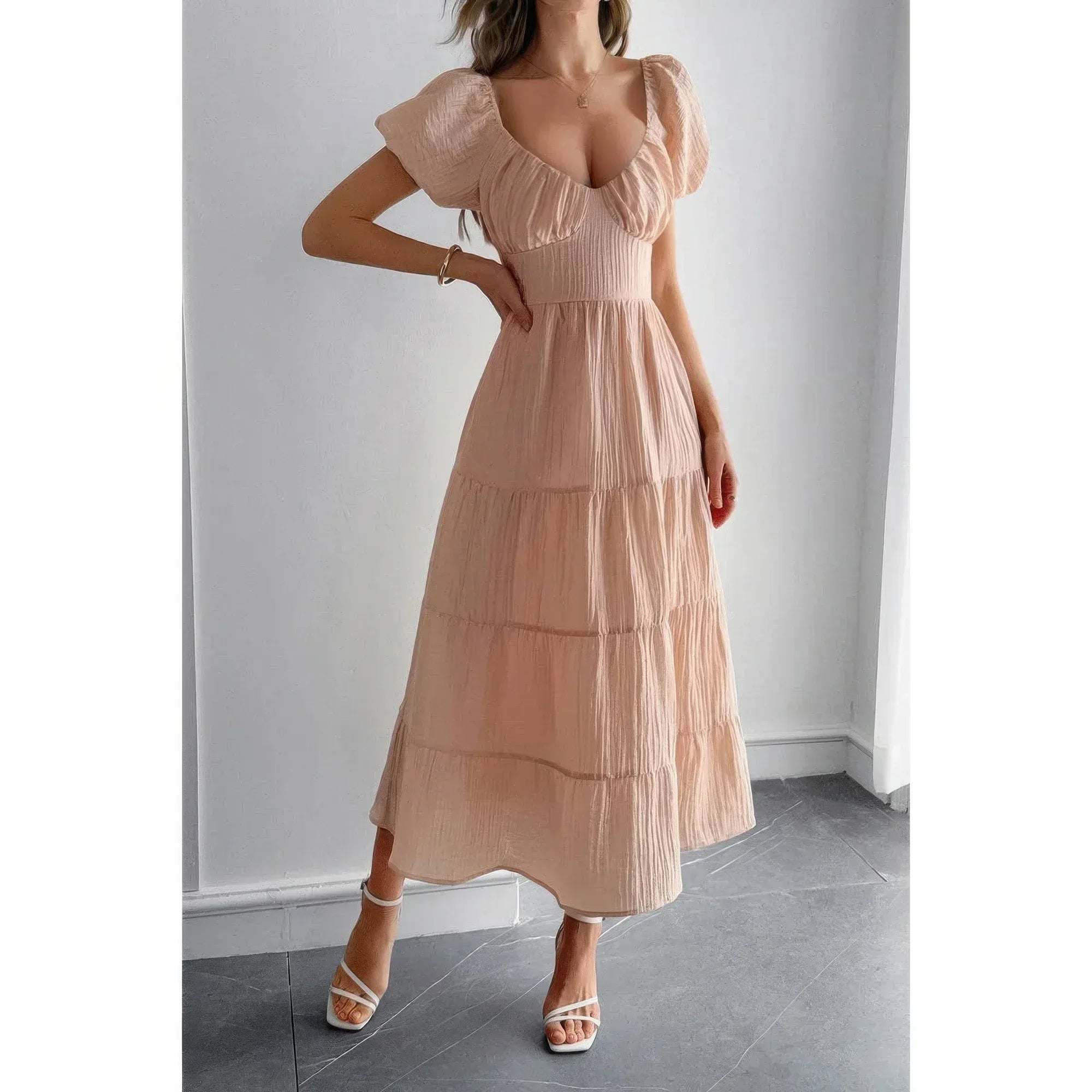 Solid Backless Tiered Puff Sleeve Fit Midi Dress | Mixtshop LLC