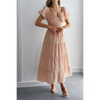 Solid Backless Tiered Puff Sleeve Fit Midi Dress | Mixtshop LLC