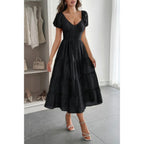 Solid Backless Tiered Puff Sleeve Fit Midi Dress | Mixtshop LLC