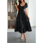 Solid Backless Tiered Puff Sleeve Fit Midi Dress | Mixtshop LLC