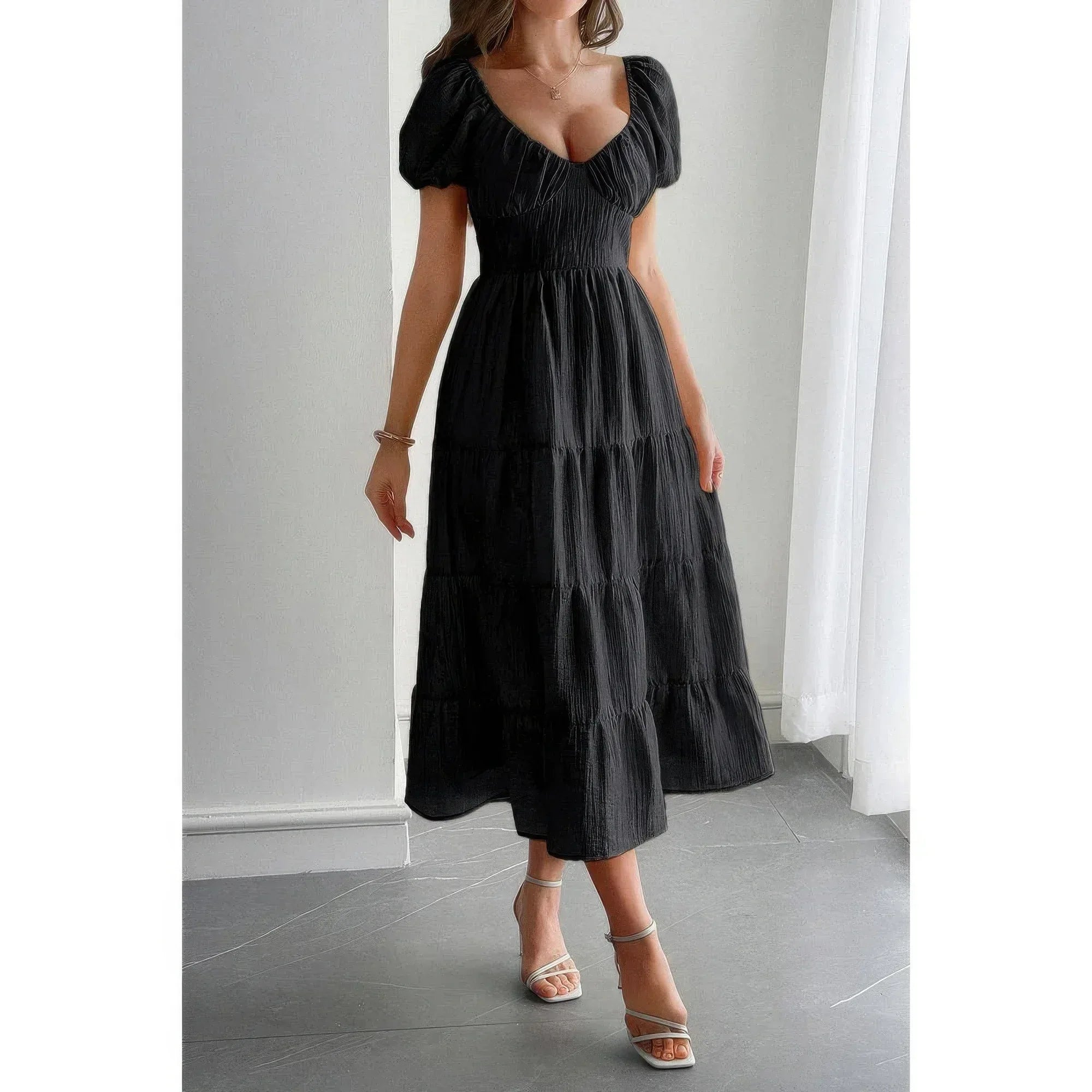 Solid Backless Tiered Puff Sleeve Fit Midi Dress | Mixtshop LLC