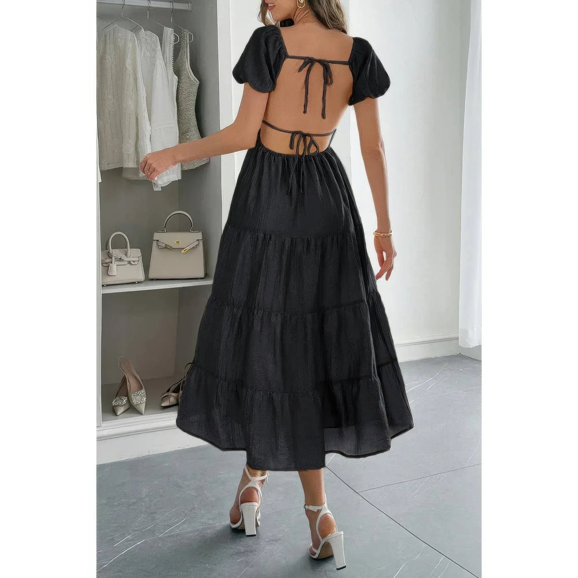 Solid Backless Tiered Puff Sleeve Fit Midi Dress | Mixtshop LLC