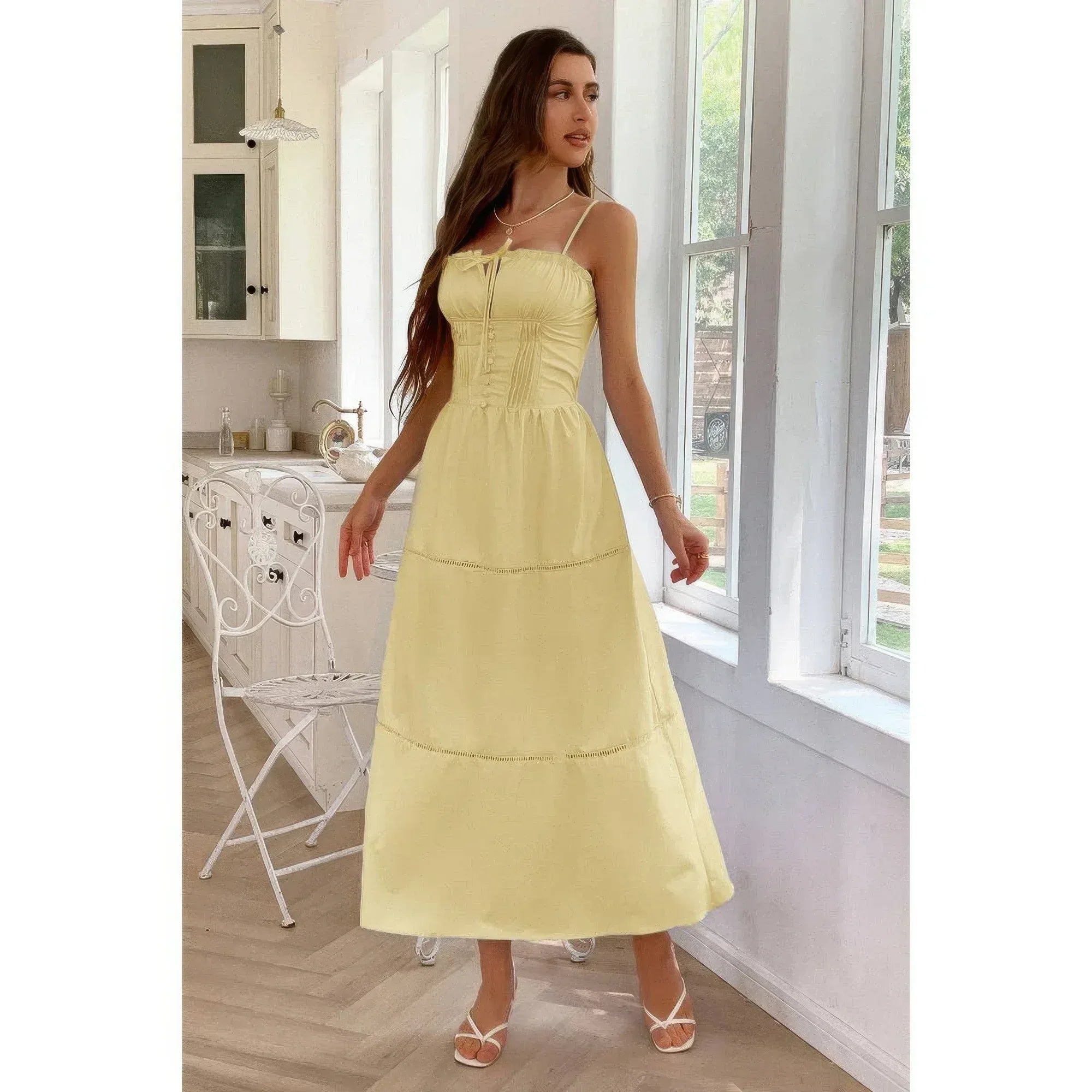 Solid Button Decor Pintuck Eyelet Shirred Dress | Mixtshop LLC Main image