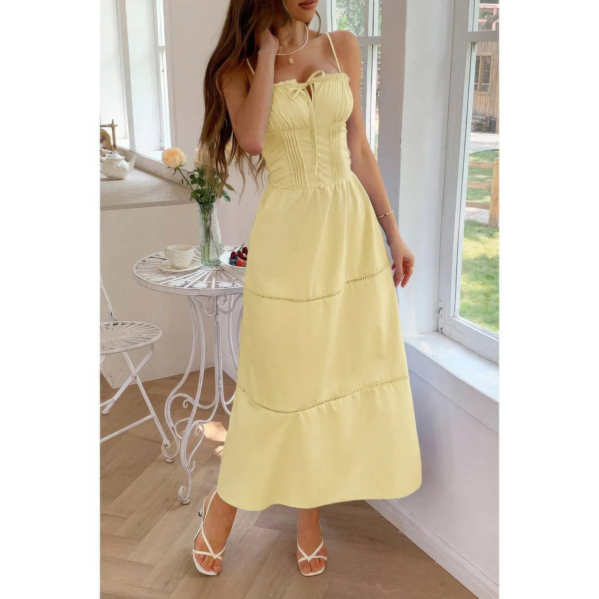 Solid Button Decor Pintuck Eyelet Shirred Dress | Mixtshop LLC