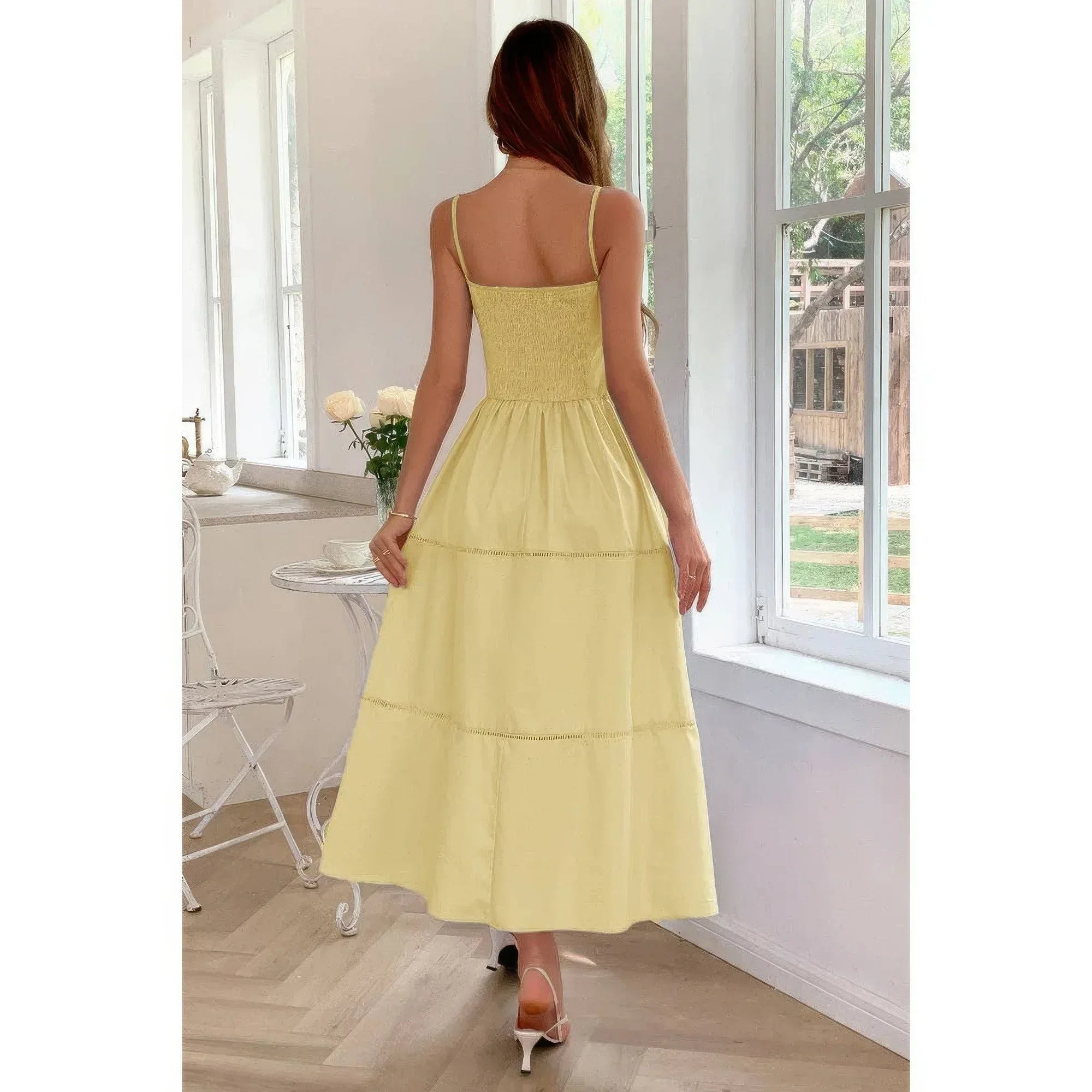 Solid Button Decor Pintuck Eyelet Shirred Dress | Mixtshop LLC