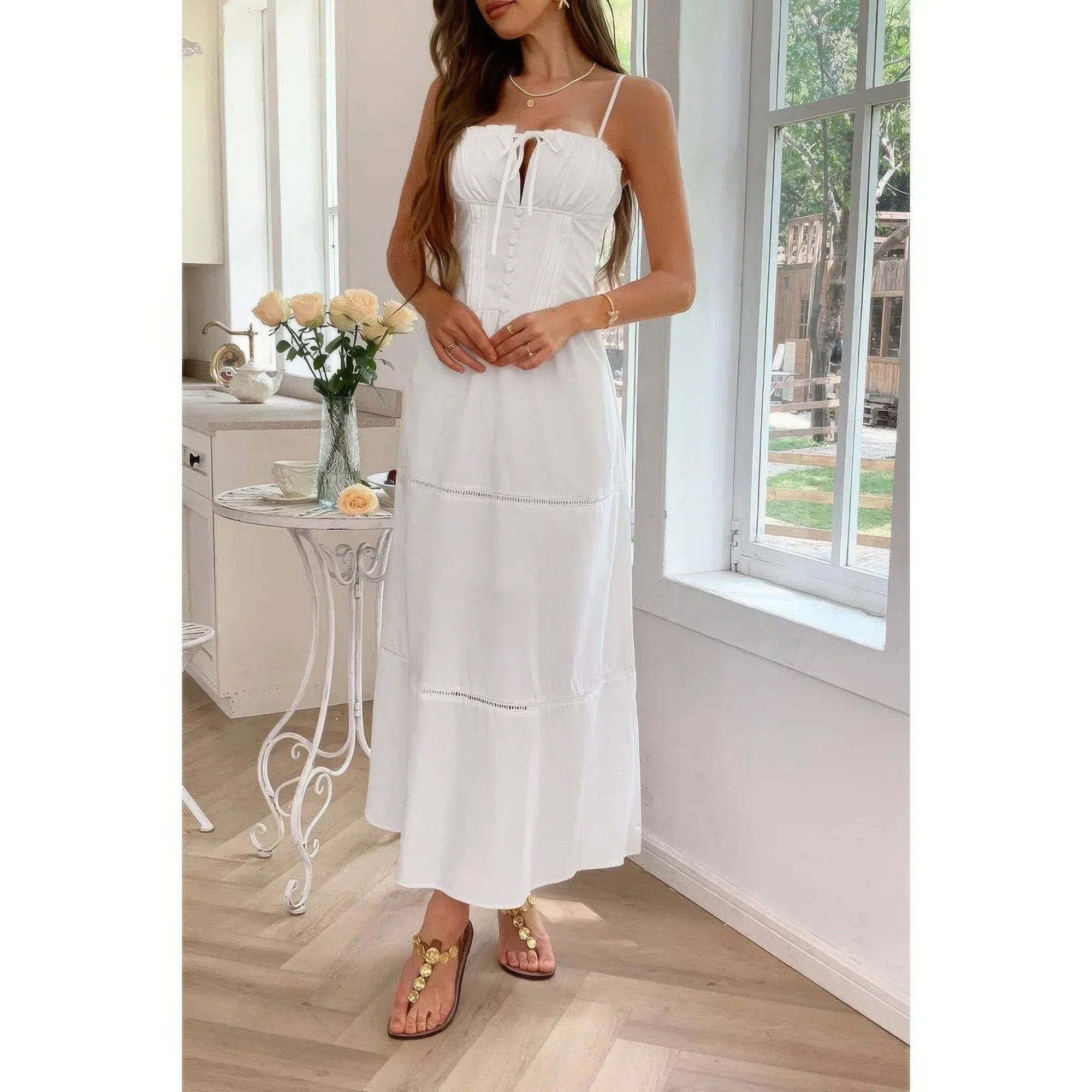 Solid Button Decor Pintuck Eyelet Shirred Dress | Mixtshop LLC