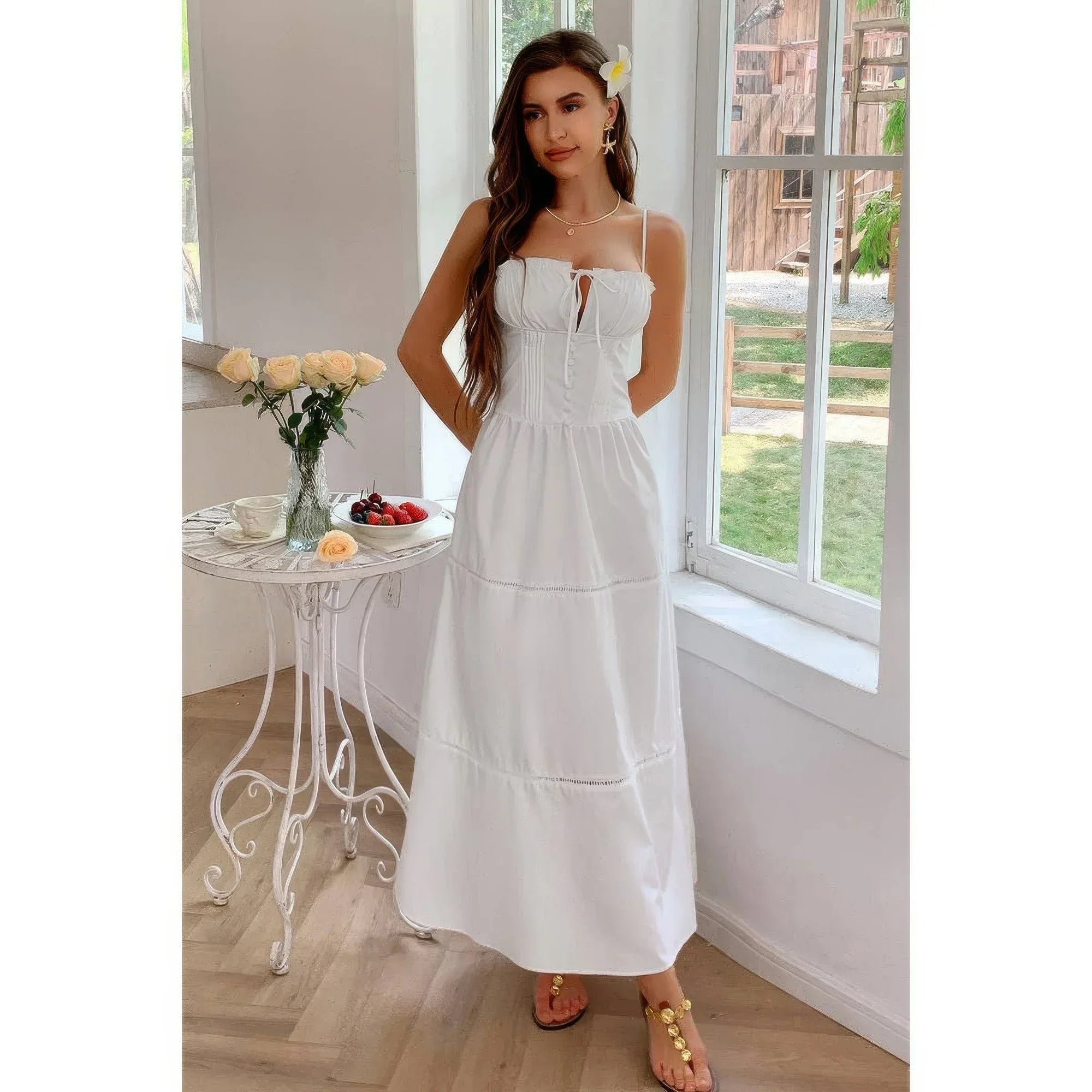 Solid Button Decor Pintuck Eyelet Shirred Dress | Mixtshop LLC