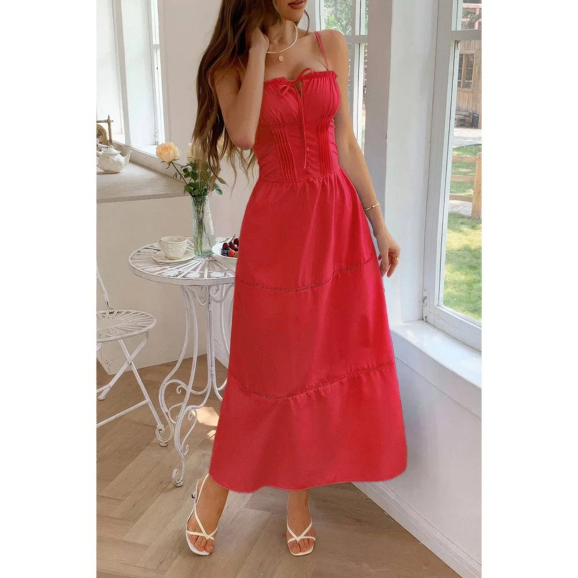 Solid Button Decor Pintuck Eyelet Shirred Dress | Mixtshop LLC
