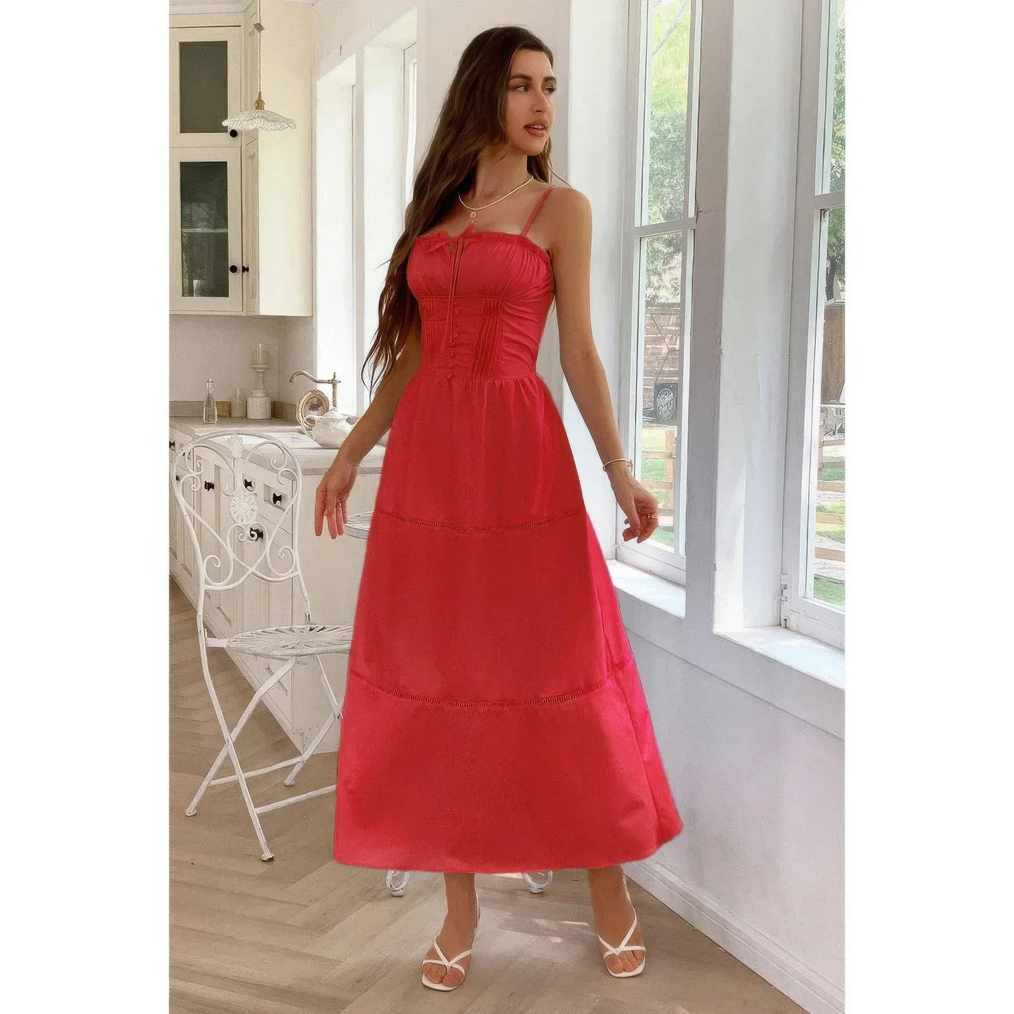 Solid Button Decor Pintuck Eyelet Shirred Dress | Mixtshop LLC