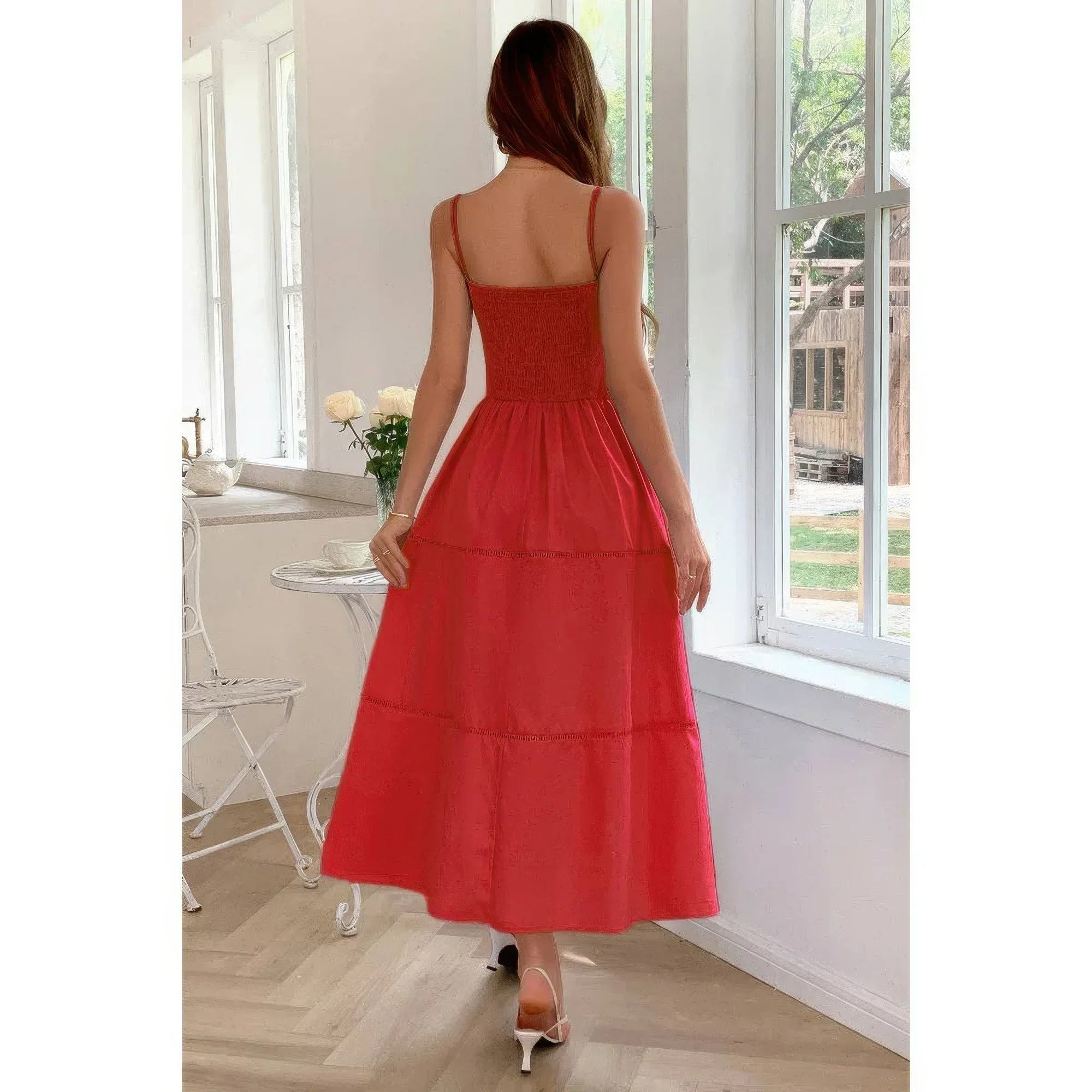 Solid Button Decor Pintuck Eyelet Shirred Dress | Mixtshop LLC