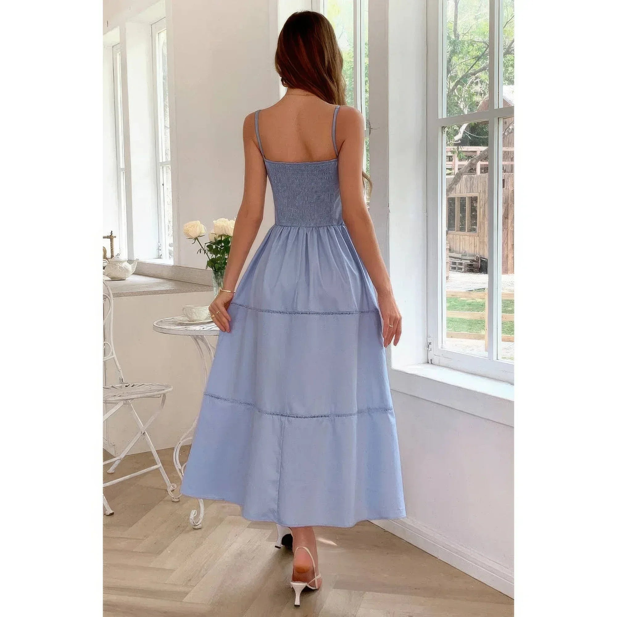 Solid Button Decor Pintuck Eyelet Shirred Dress | Mixtshop LLC