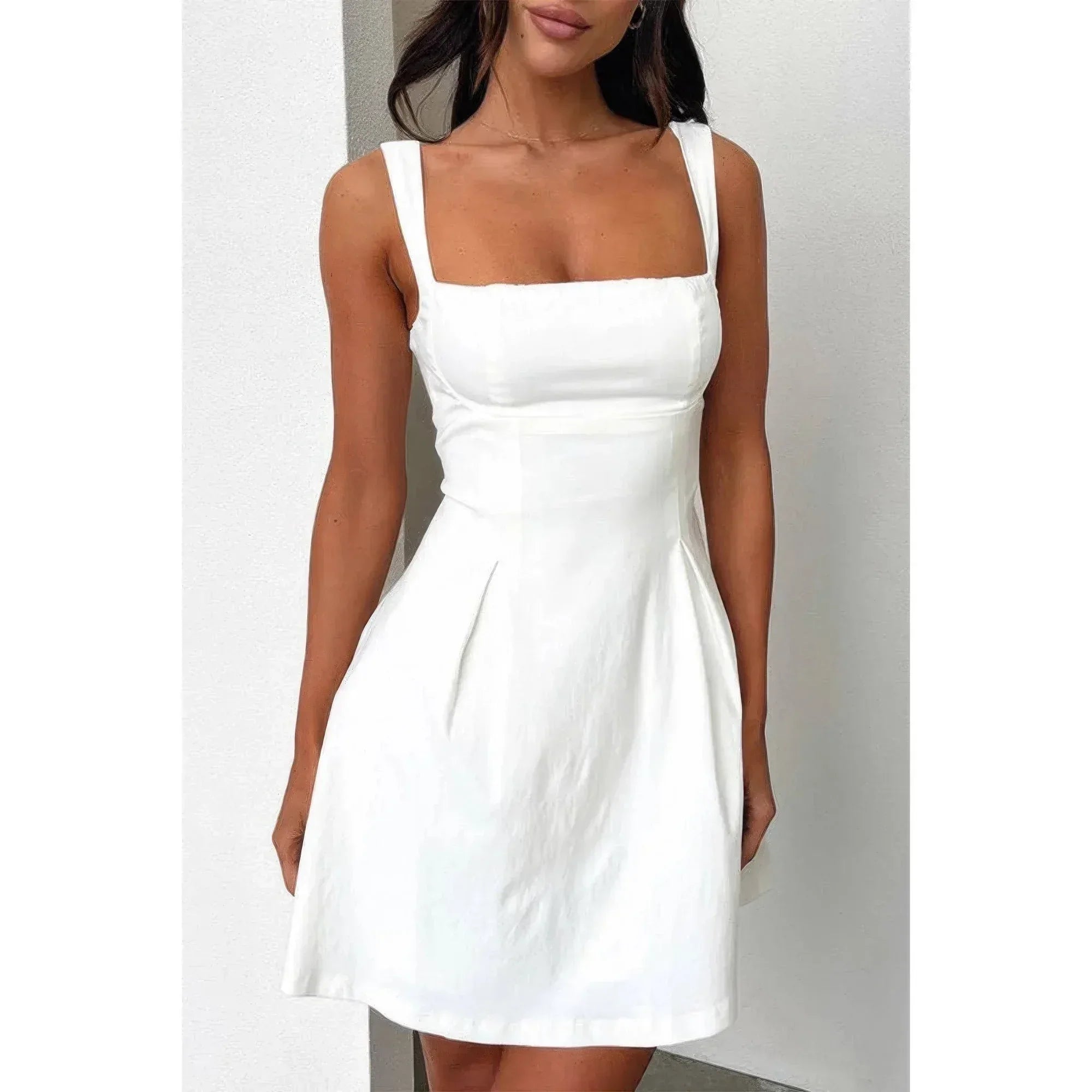 Solid Square Neck Fit Sleeveless Short Dress | Mixtshop LLC Main image