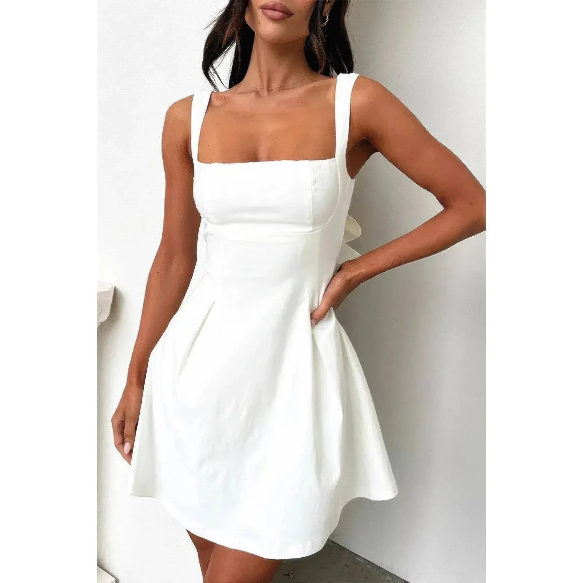 Solid Square Neck Fit Sleeveless Short Dress Secondary image