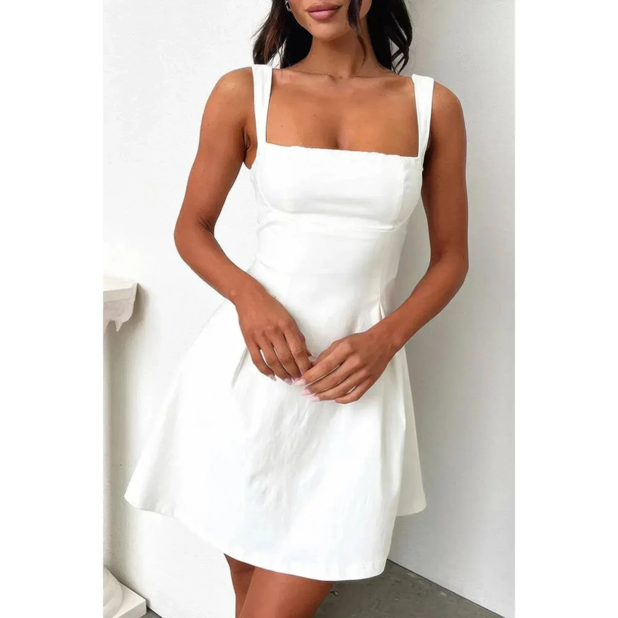 Solid Square Neck Fit Sleeveless Short Dress | Mixtshop LLC
