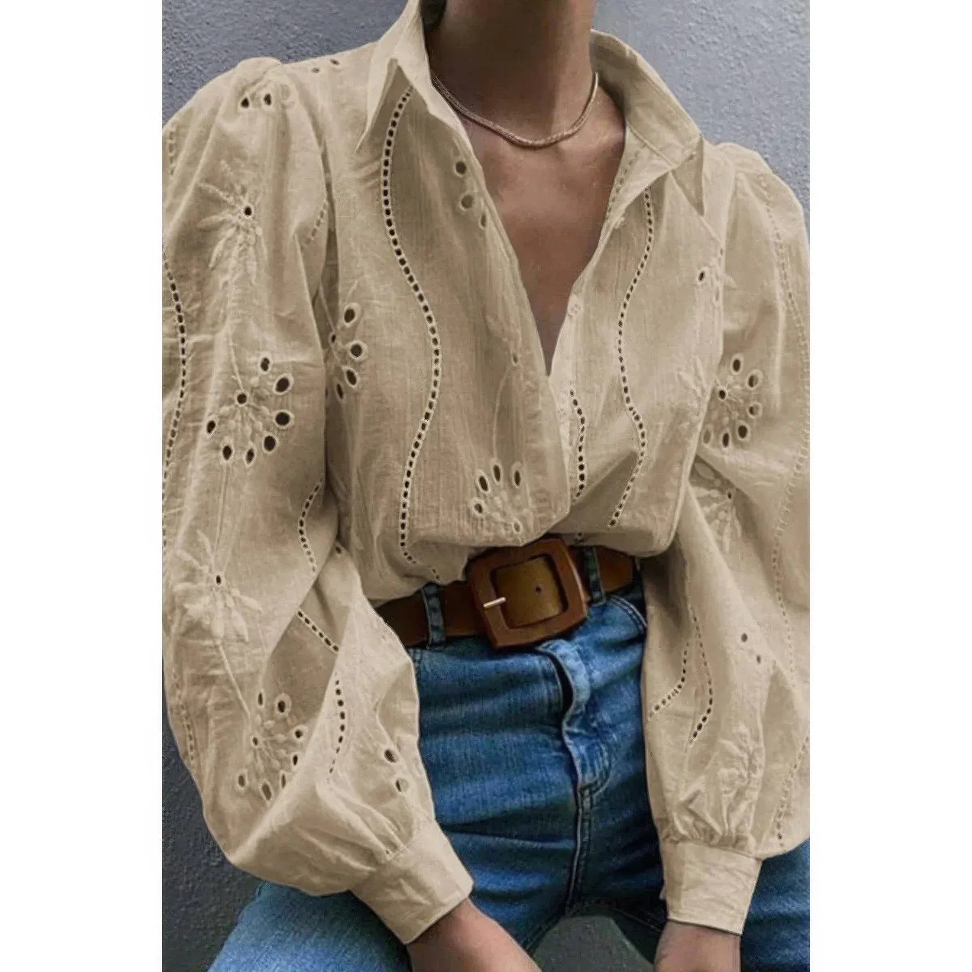 Hollow Out Solid Button Puff Sleeves Blouse | Mixtshop LLC