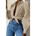 Hollow Out Solid Button Puff Sleeves Blouse | Mixtshop LLC