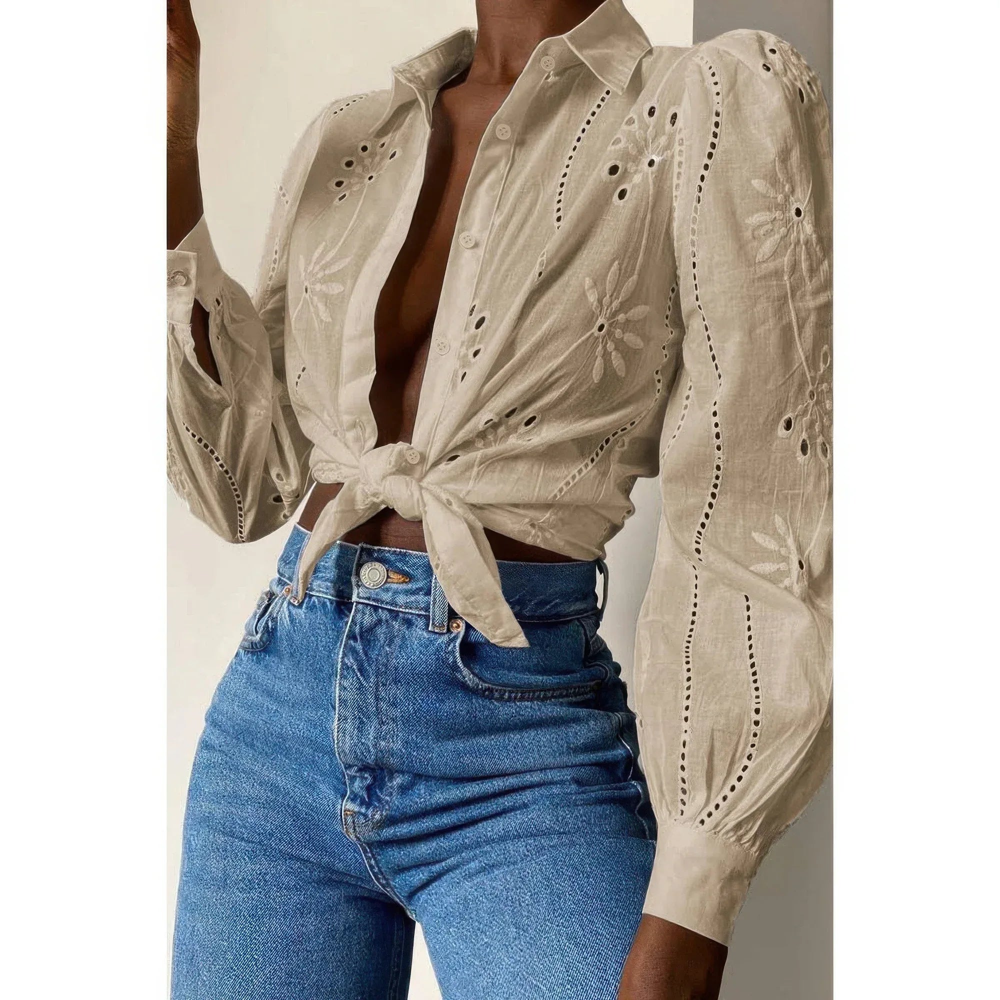 Hollow Out Solid Button Puff Sleeves Blouse | Mixtshop LLC