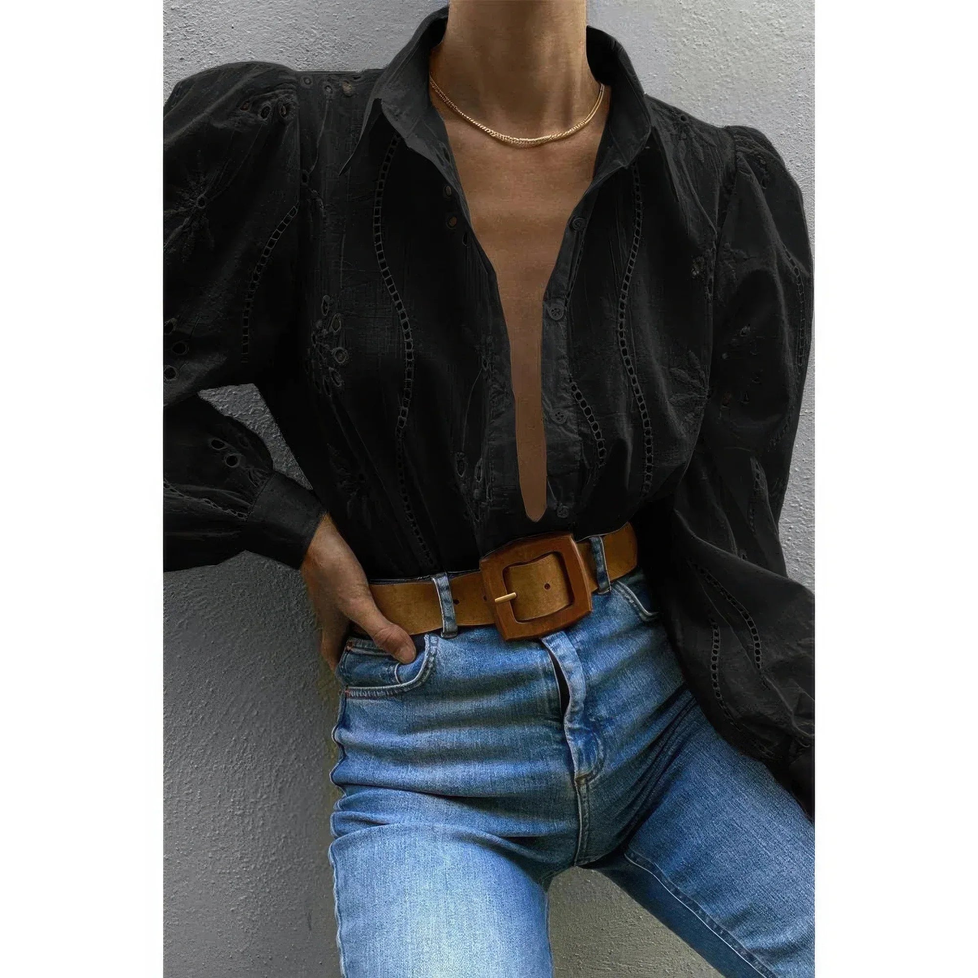 Hollow Out Solid Button Puff Sleeves Blouse | Mixtshop LLC
