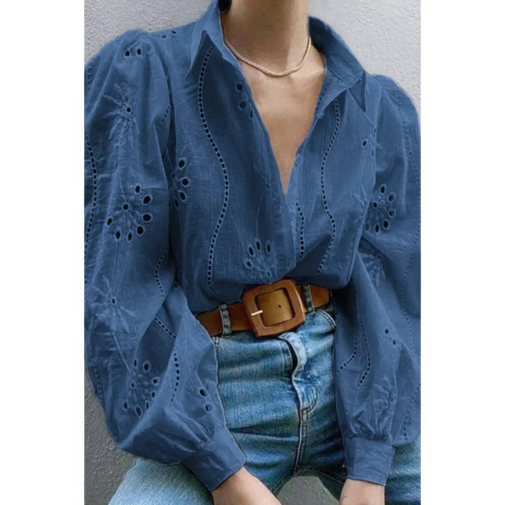 Hollow Out Solid Button Puff Sleeves Blouse | Mixtshop LLC