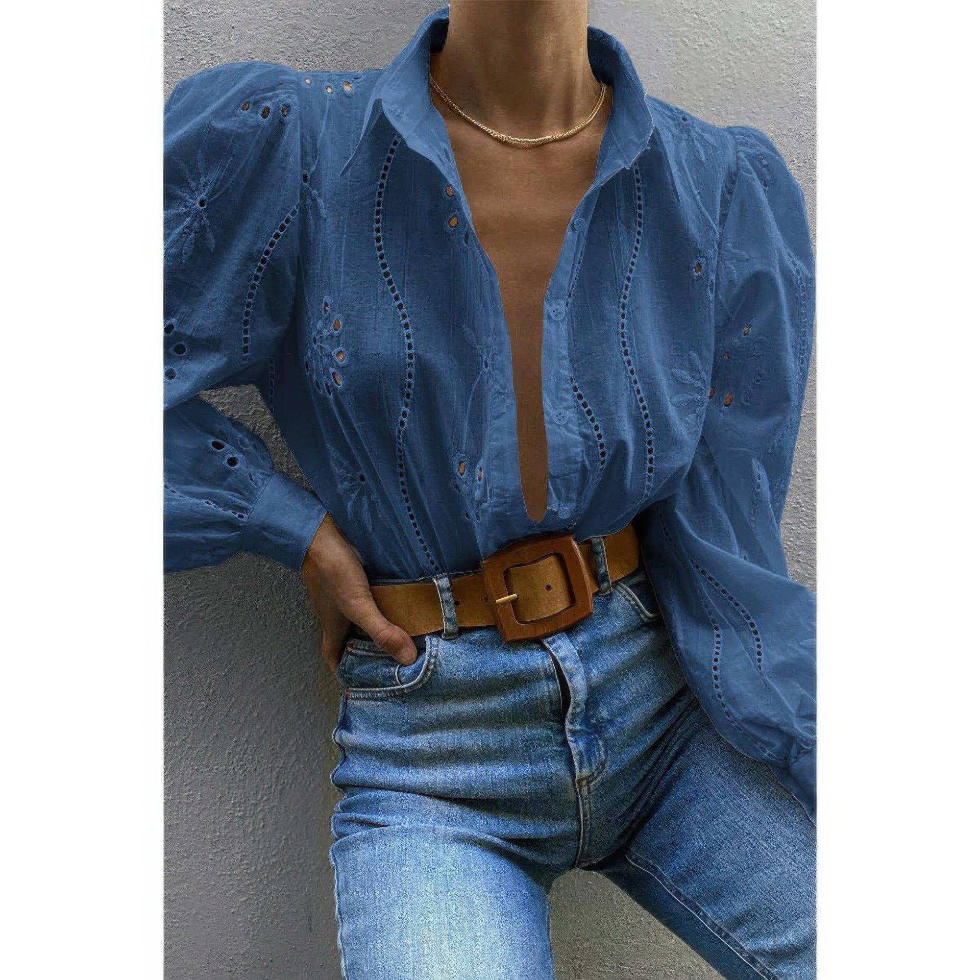 Hollow Out Solid Button Puff Sleeves Blouse | Mixtshop LLC