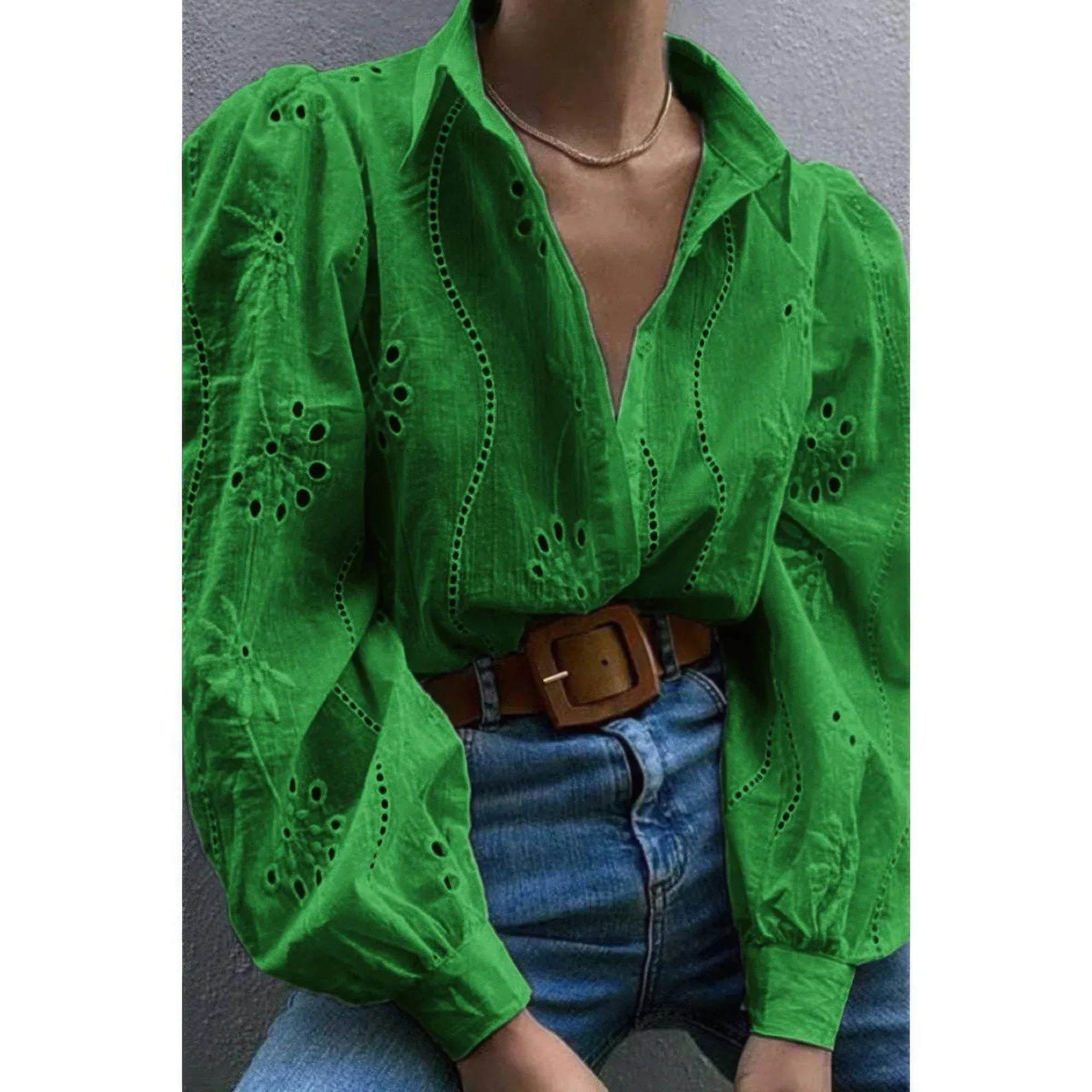 Hollow Out Solid Button Puff Sleeves Blouse | Mixtshop LLC