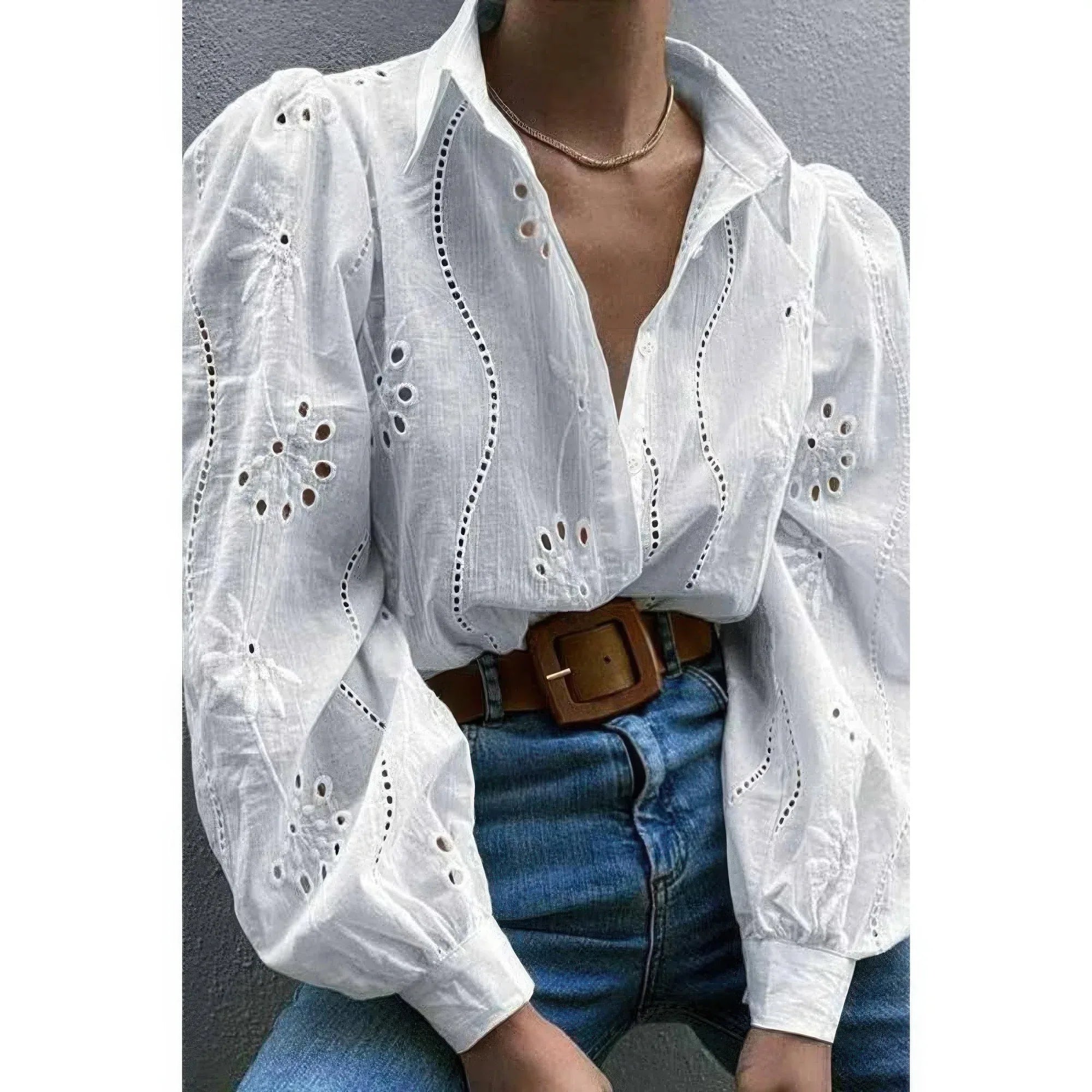 Hollow Out Solid Button Puff Sleeves Blouse | Mixtshop LLC