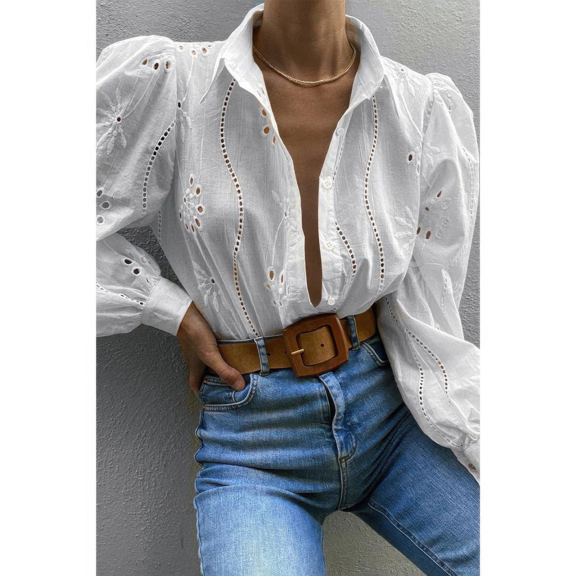 Hollow Out Solid Button Puff Sleeves Blouse | Mixtshop LLC
