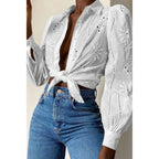 Hollow Out Solid Button Puff Sleeves Blouse | Mixtshop LLC