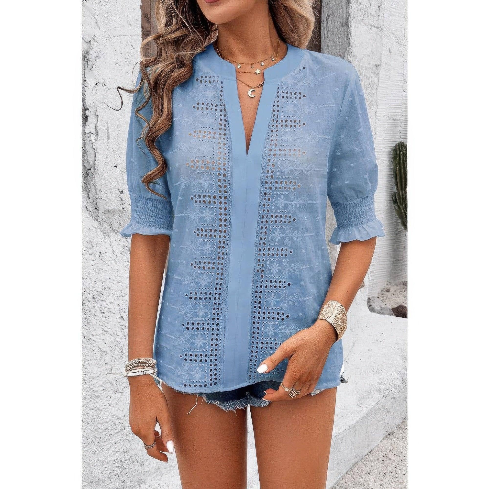 Solid Hollow Out Ruffle Hem V Neck Loose Blouse | Mixtshop LLC