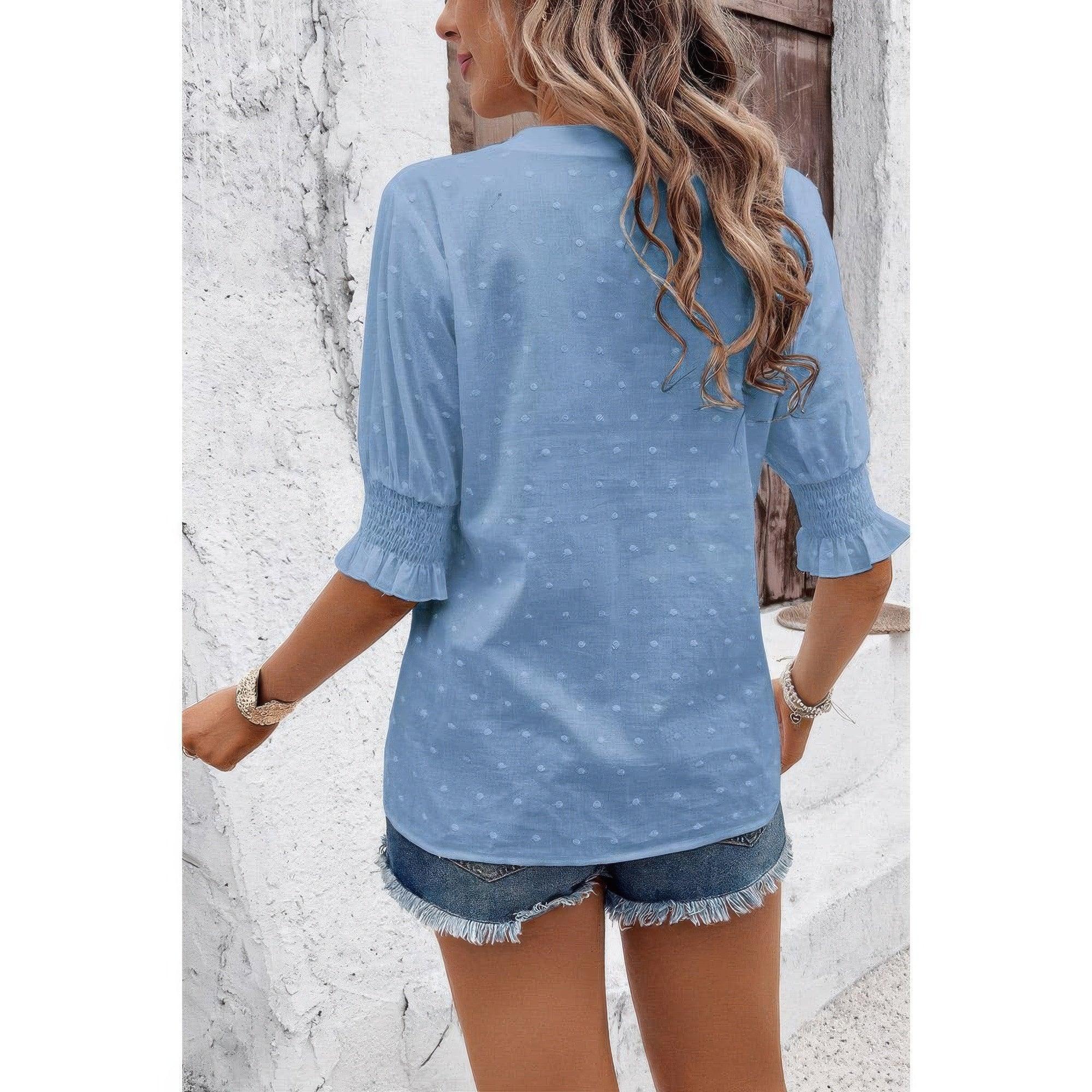 Solid Hollow Out Ruffle Hem V Neck Loose Blouse | Mixtshop LLC