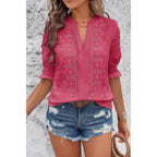 Solid Hollow Out Ruffle Hem V Neck Loose Blouse | Mixtshop LLC